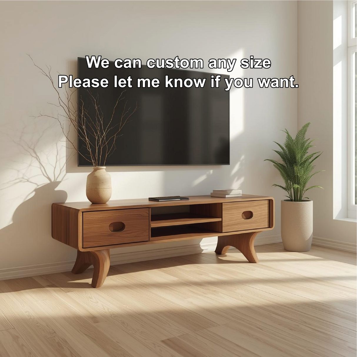 Handcrafted Solid Wood TV Stand with Rounded Edges and Retro Legs in Natural Walnut Finish
