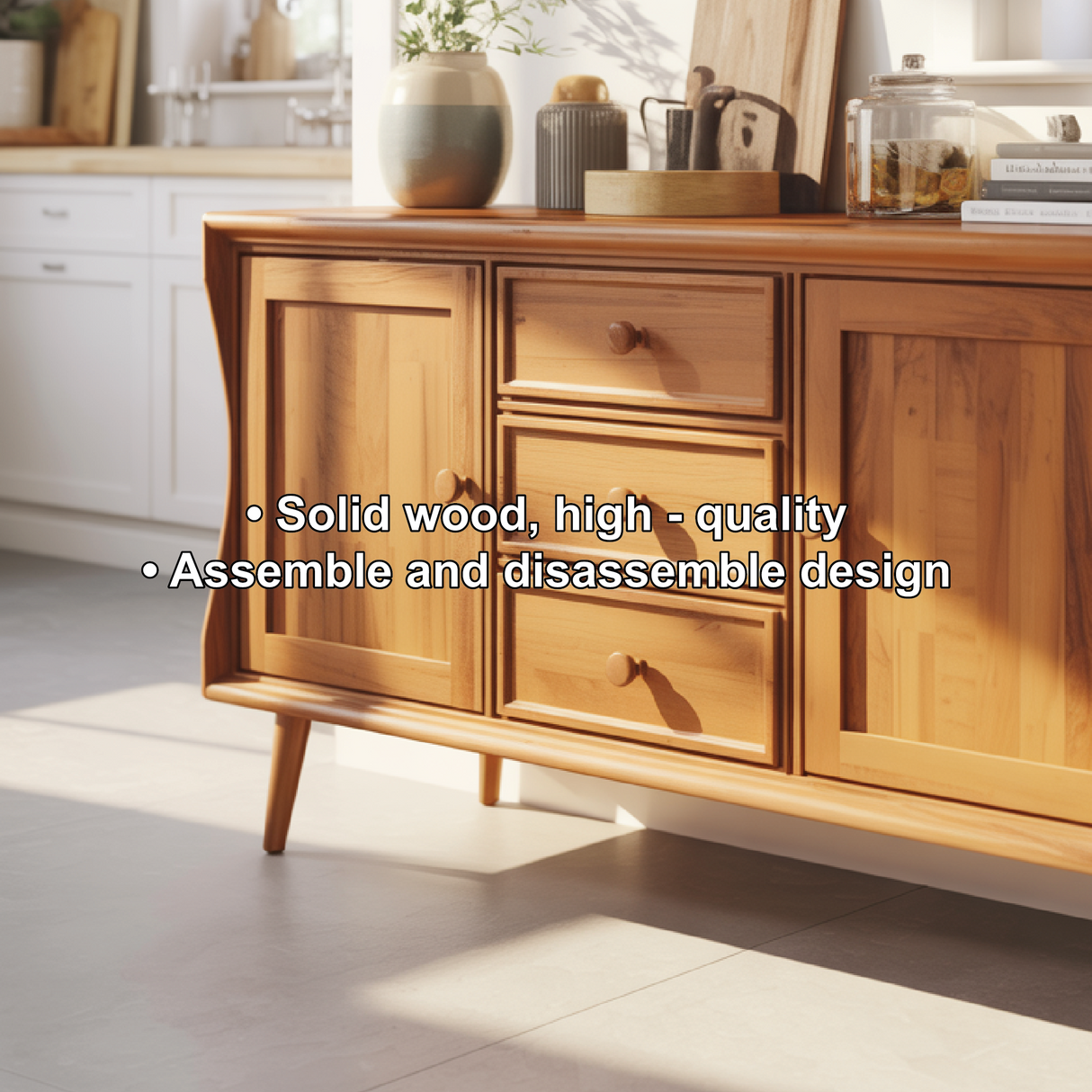Handcrafted Solid Wood Dining Storage Sideboard with Curved Edges and Classic Cabinet Design