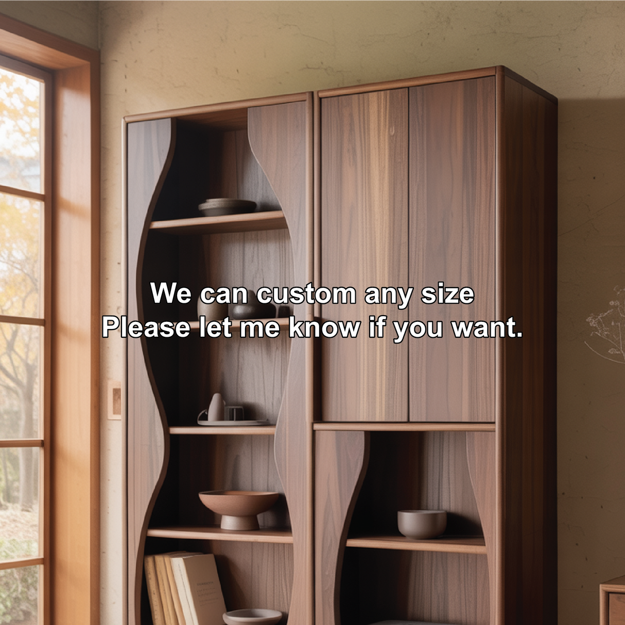 Handcrafted Solid Wood Dining Cabinet with Sculpted Curved Panels and Open Display Shelves