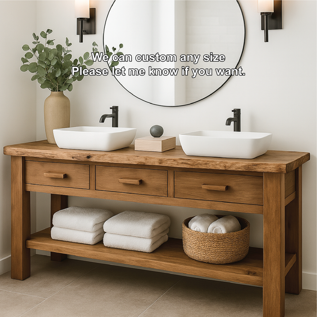 Handcrafted Solid Wood Double Bathroom Vanity with Natural Finish and Modern Minimalist Design