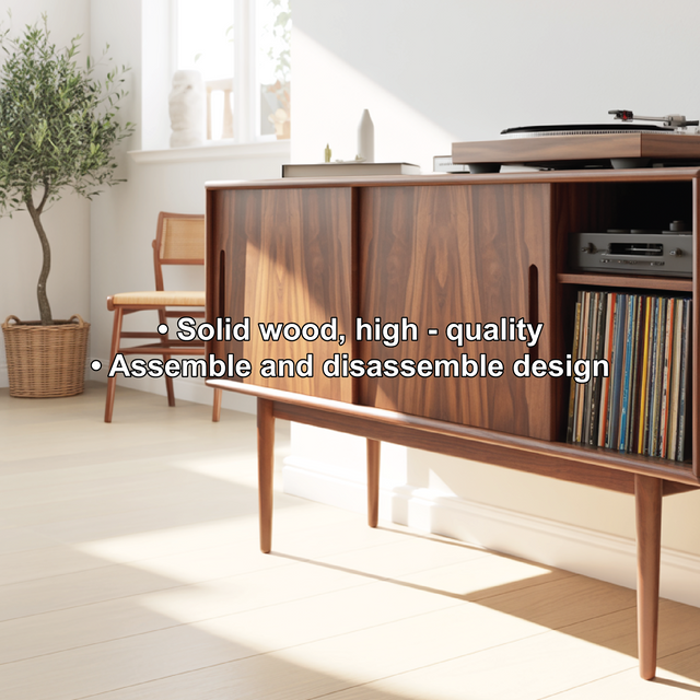 Solid Wood Console Table with Sliding Doors – Mid-Century Style Storage Cabinet for Living Room