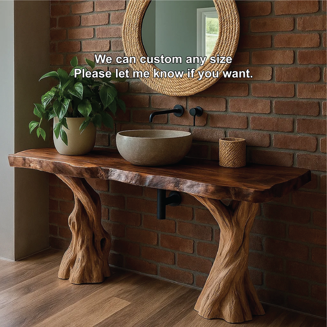 Handcrafted Solid Wood Bathroom Vanity with Natural Tree Trunk Legs and Live Edge Design