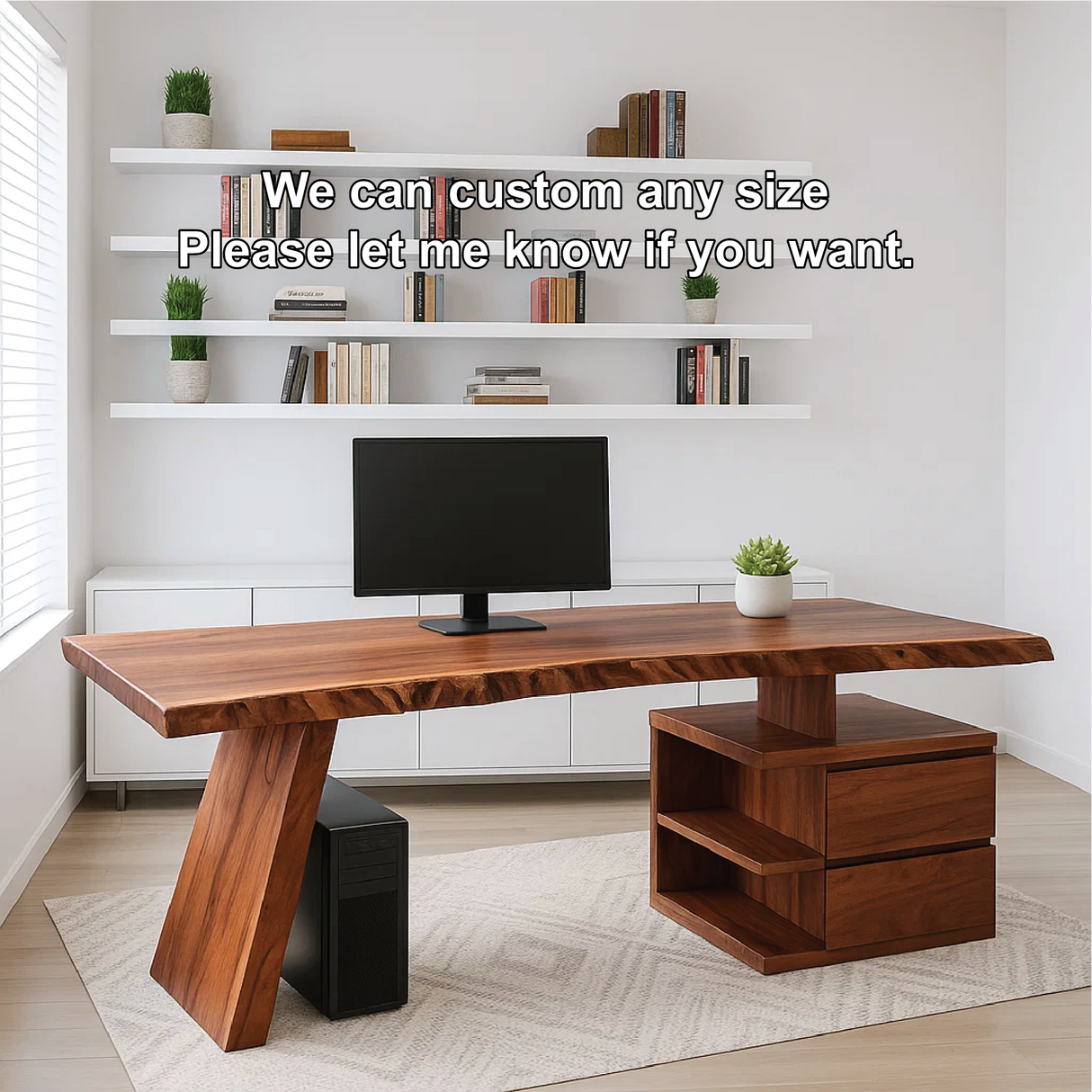 Handcrafted Solid Wood Work Desk – Live Edge Executive Office Table with Modern Asymmetric Base