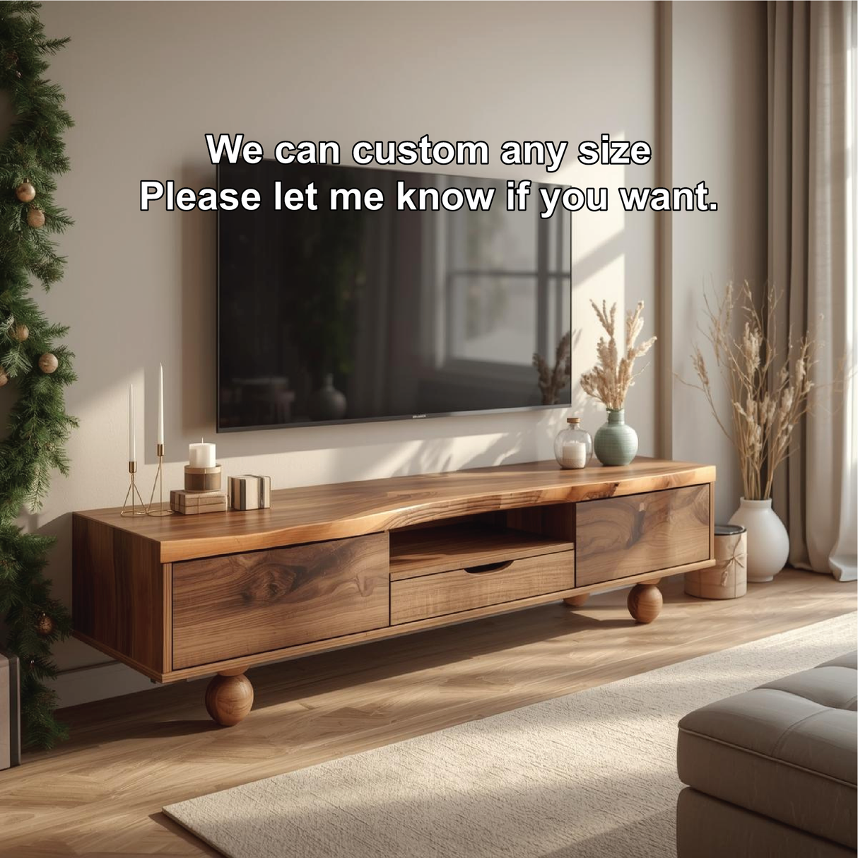 Handcrafted Solid Wood TV Stand with Natural Live Edge Design and Unique Round Wooden Legs