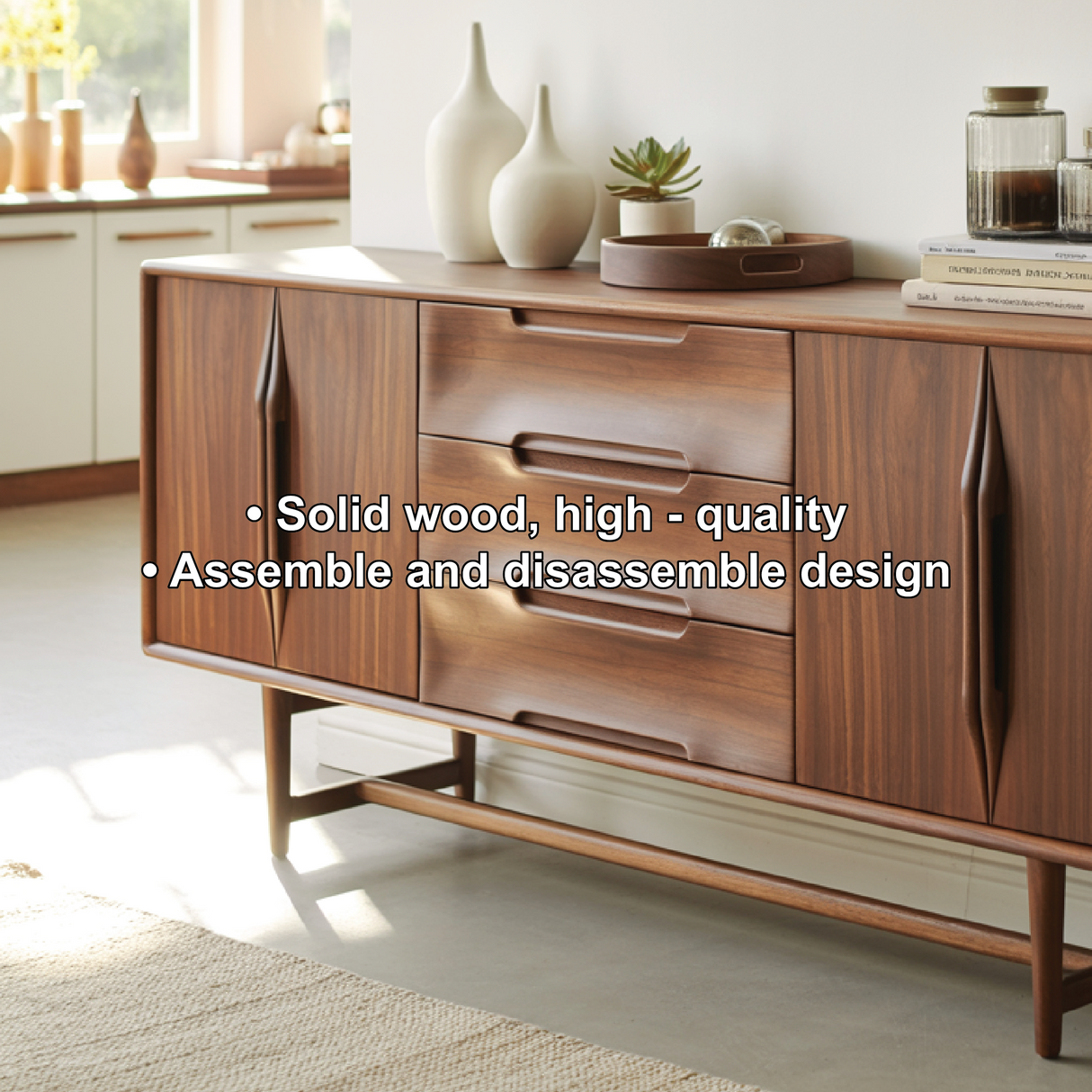 Handcrafted Solid Wood Dining Storage Sideboard with Sculpted Handles and Mid-Century Design