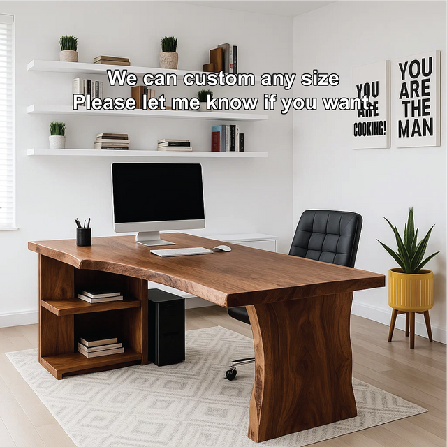 Handcrafted Solid Wood Office Desk – Live Edge Executive Work Table with Organic Curved Base Design