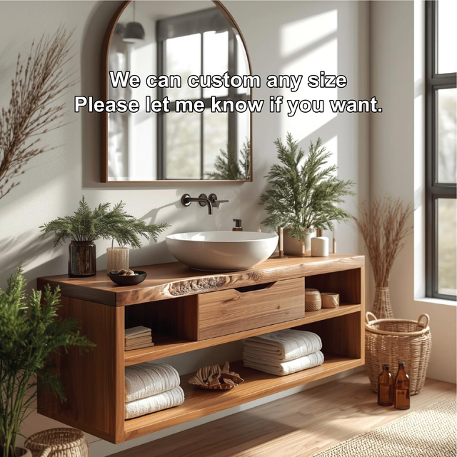 Handcrafted Solid Wood Floating Bathroom Vanity with Open Shelf Storage and Natural Live Edge