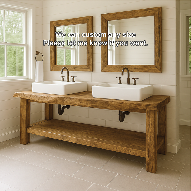 Handcrafted Double Sink Solid Wood Bathroom Vanity with Natural Finish for Modern Rustic Spaces