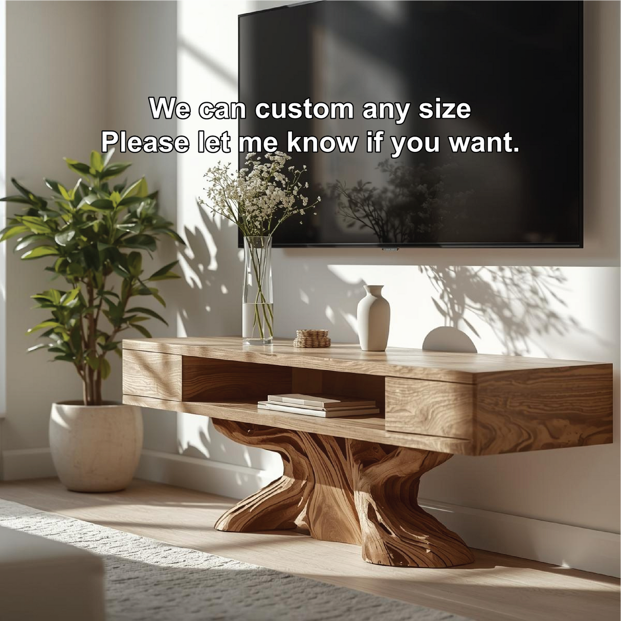 Handcrafted Solid Wood TV Stand with Artistic Sculpted Base and Natural Oak Grain Finish
