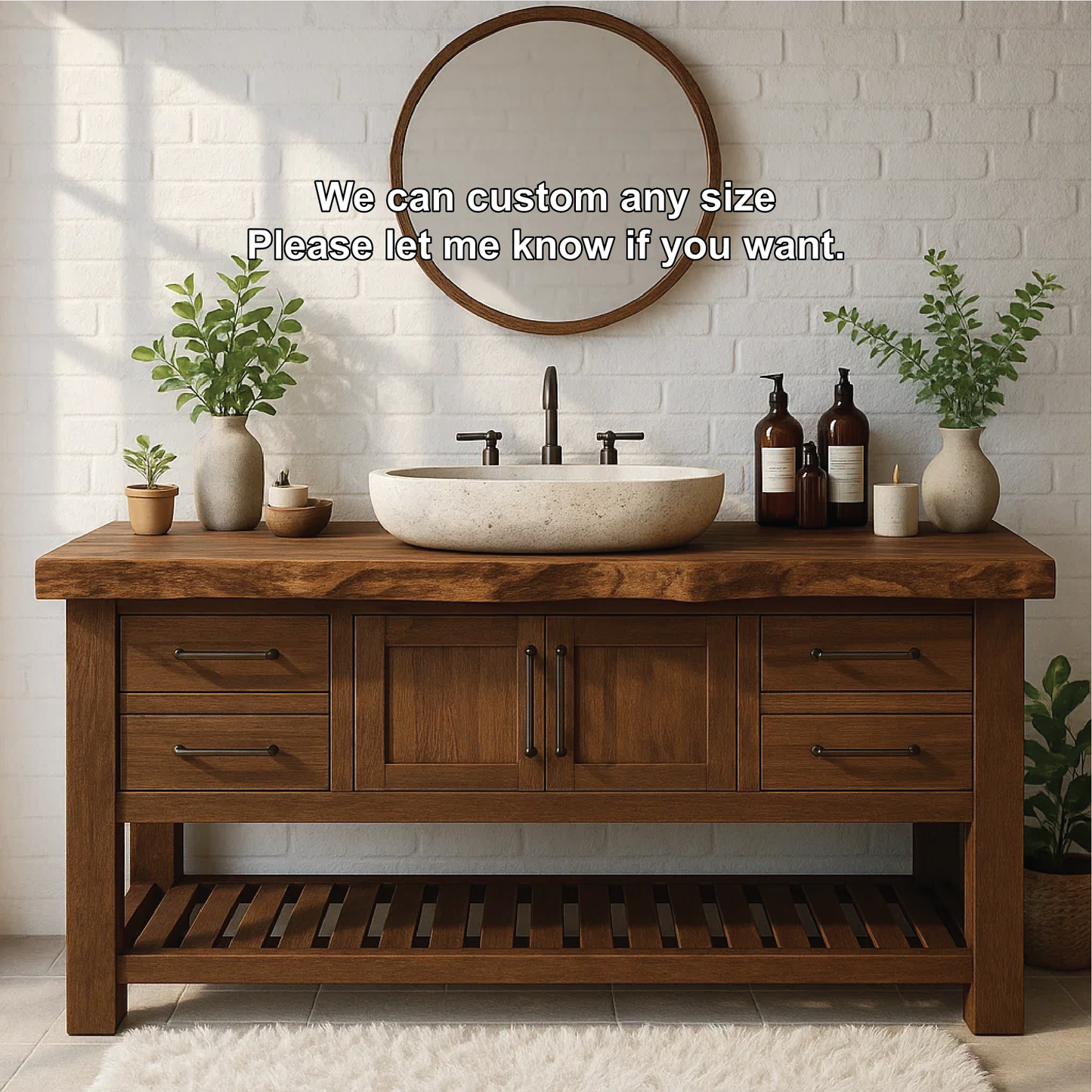 Rustic Solid Wood Bathroom Vanity with Live Edge Top and Modern Farmhouse Storage Design