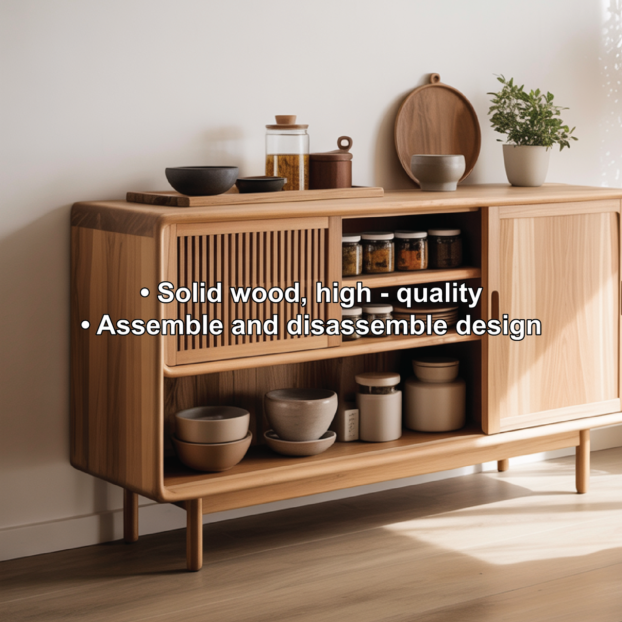 Solid Wood Console Table with Sliding Doors – Modern Handcrafted Storage for Dining Space