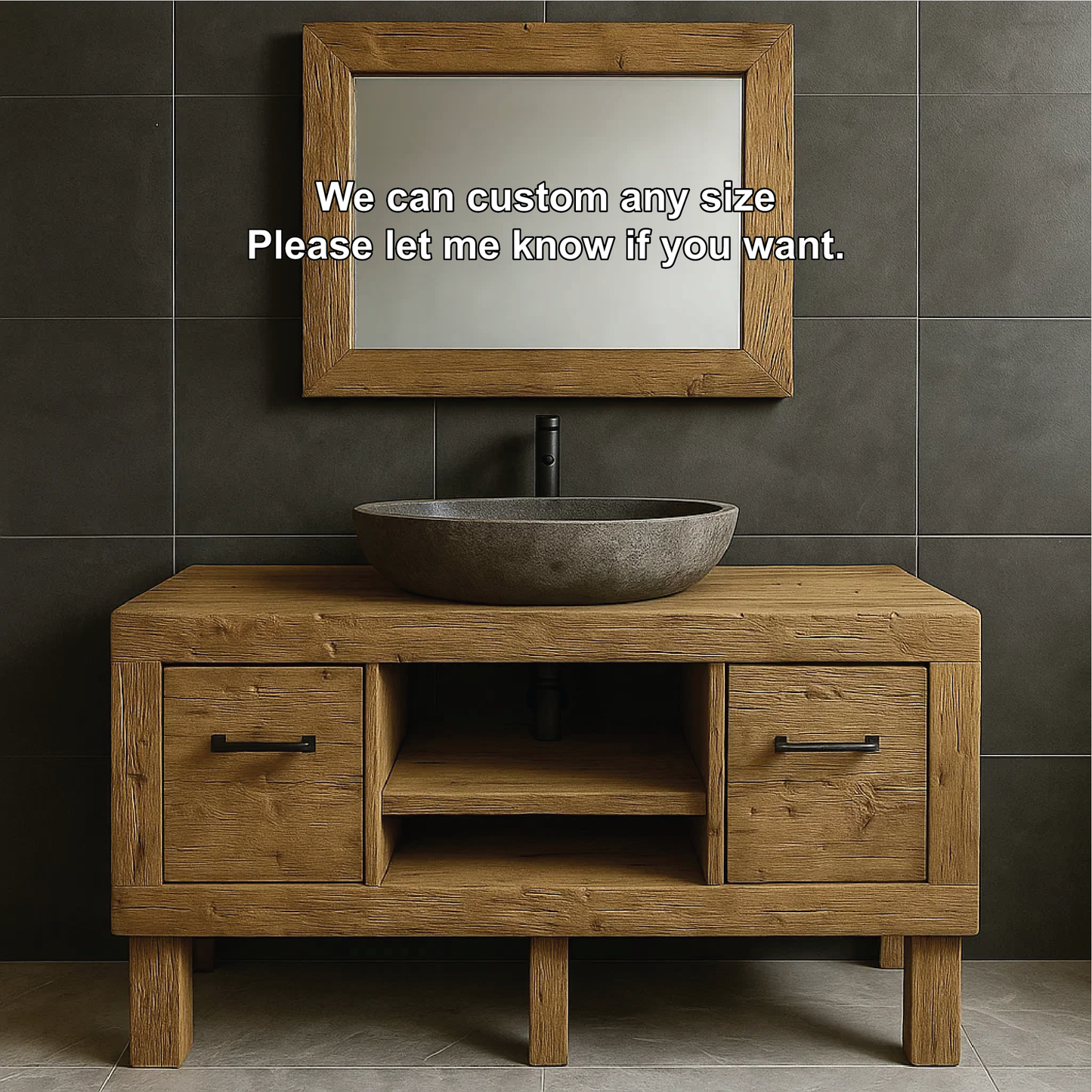 Modern Rustic Handcrafted Solid Wood Bathroom Vanity with Storage Drawers and Open Shelves