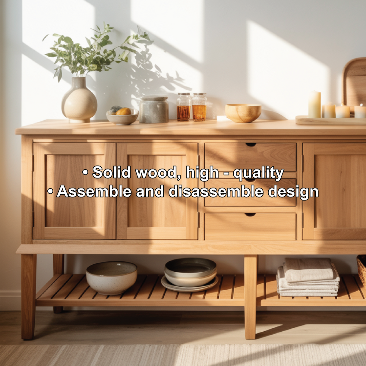 Handcrafted Solid Wood Dining Storage Sideboard with Open Lower Shelf and Multi-Drawer Design