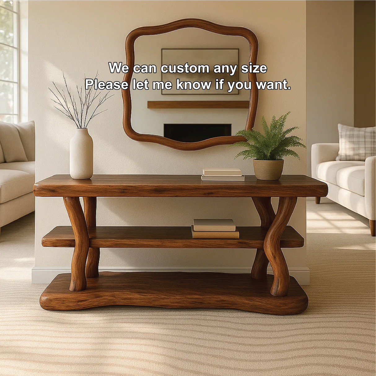 Handcrafted Solid Wood Console Table with Organic Curved Legs and Natural Smooth Finish