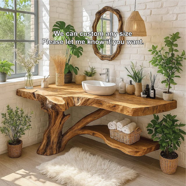 Handcrafted Solid Wood Bathroom Vanity with Natural Tree Trunk Base and Live Edge Design