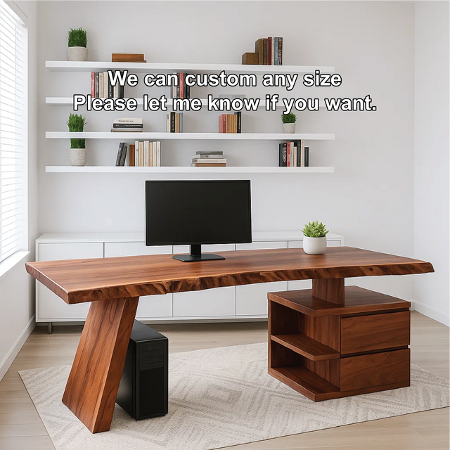 Handcrafted Solid Wood Work Desk – Live Edge Executive Office Table with Modern Asymmetric Base