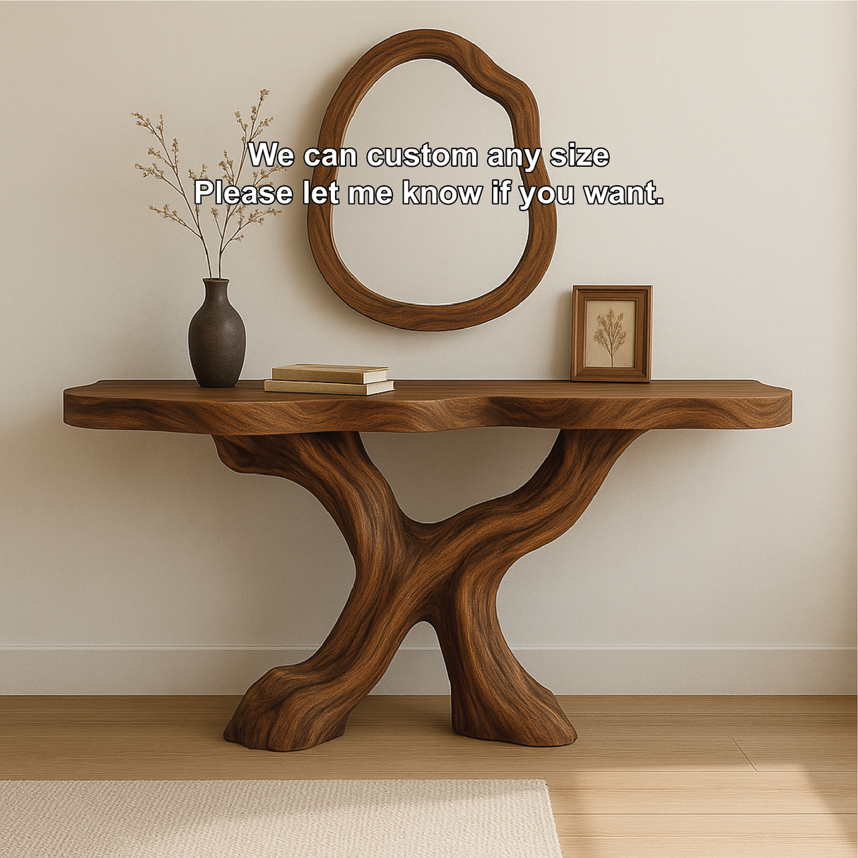 Handcrafted Solid Wood Console Table with Organic Flowing Base and Smooth Natural Finish