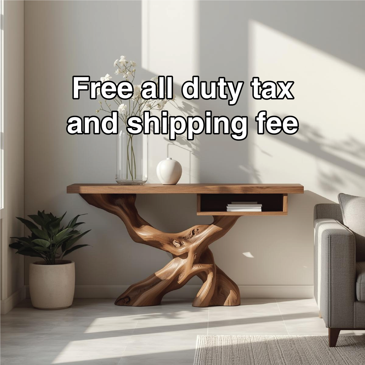 Handcrafted Solid Wood Console Table with Organic Tree-Root Base and Floating Shelf Design