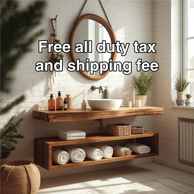 Handcrafted Solid Wood Floating Bathroom Vanity with Live Edge Countertop and Open Storage Shelf