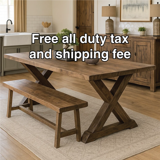 Handcrafted Solid Wood Farmhouse Dining Table – Rustic X-Leg Kitchen Table with Bench Set