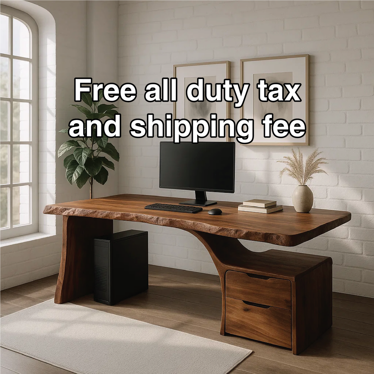 Handcrafted Solid Wood Work Desk – Live Edge Office Table with Organic Curved Base and Drawers