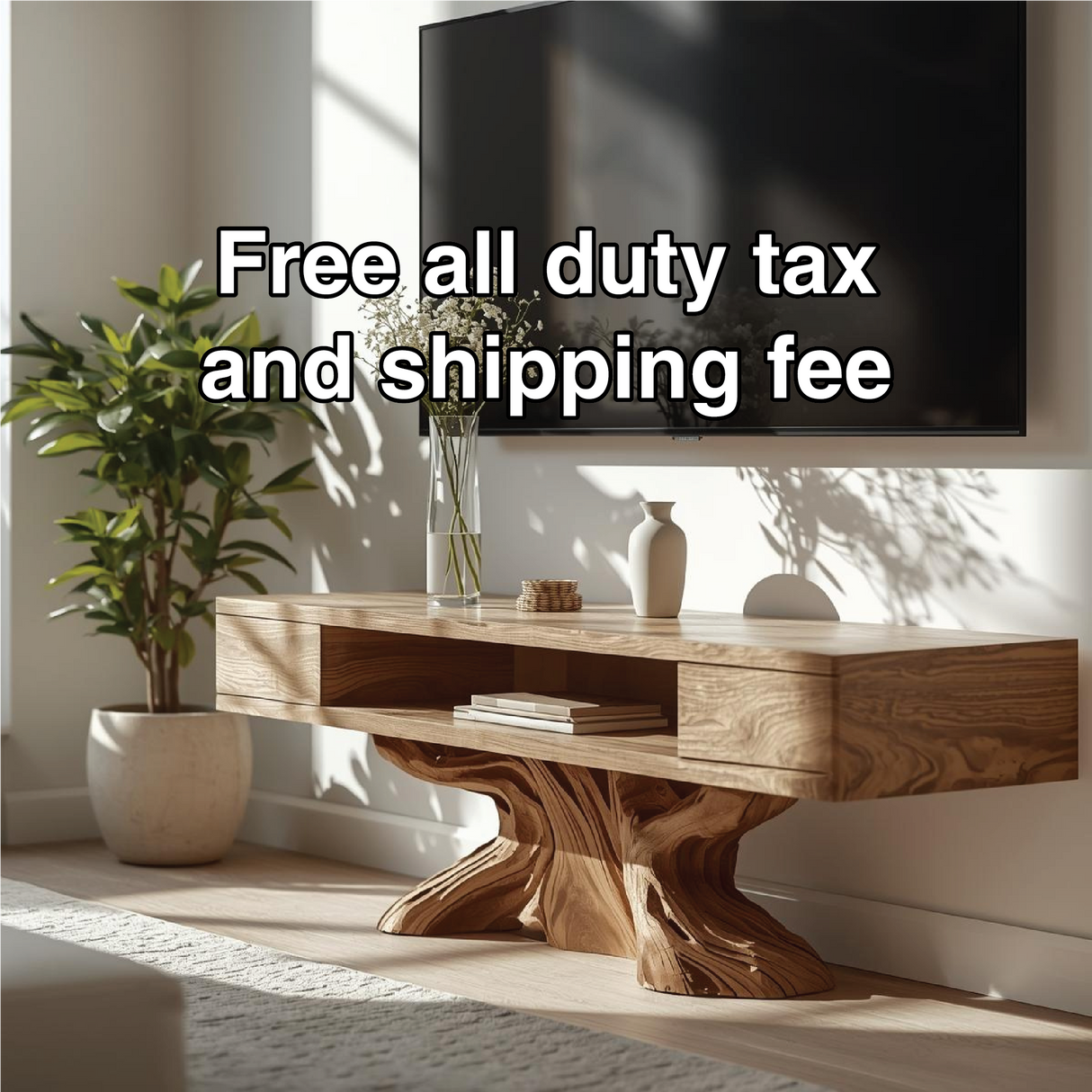 Handcrafted Solid Wood TV Stand with Artistic Sculpted Base and Natural Oak Grain Finish