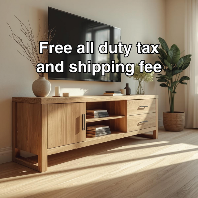 Handcrafted Solid Wood TV Stand with Drawers and Shelves in Natural Oak Finish for Living Room