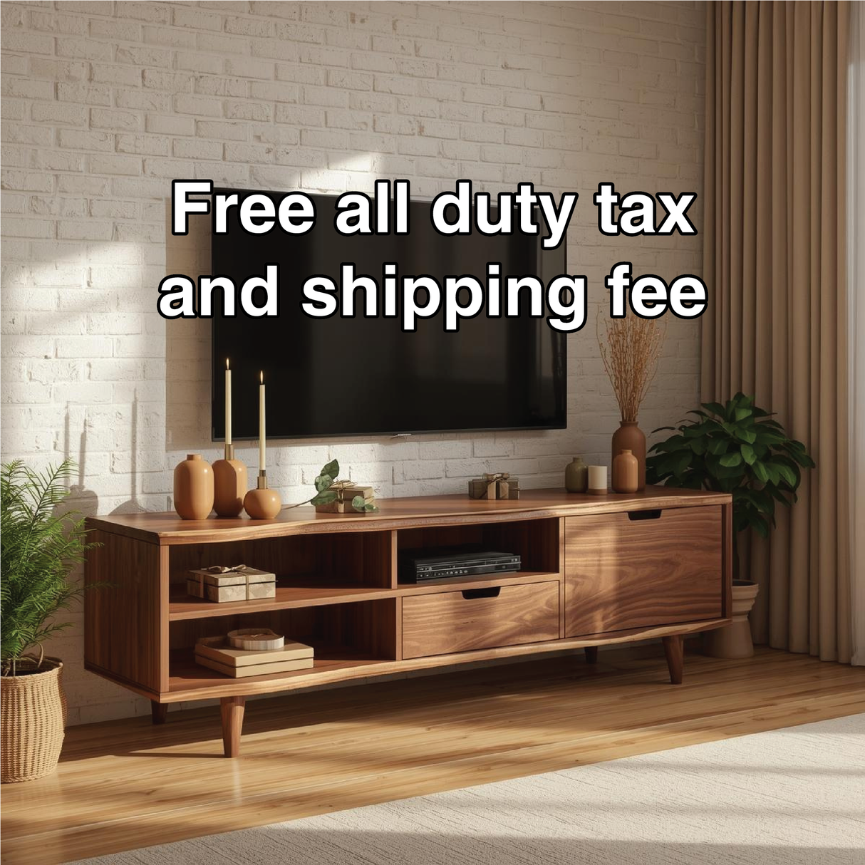 Handcrafted Solid Wood TV Stand with Mid-Century Modern Design and Open Storage Shelves