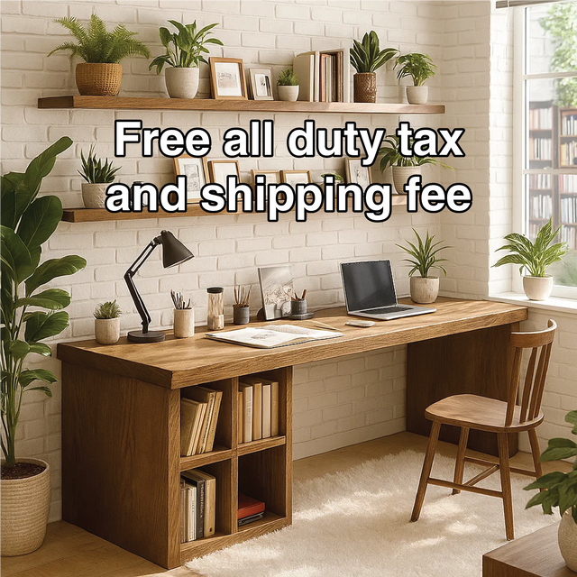 Handcrafted Solid Wood Work Desk – Long Home Office Table with Bookshelf and Natural Finish