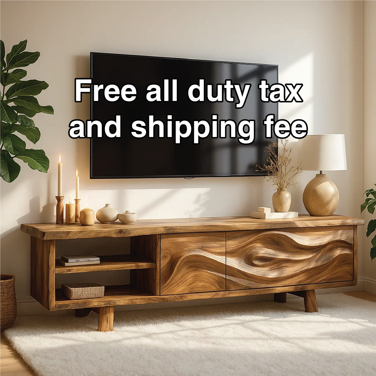 Handcrafted Solid Wood TV Stand with Wave Carved Doors and Natural Finish for Modern Living Rooms