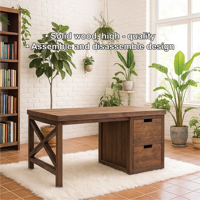 Handcrafted Solid Wood Work Desk – Rustic Office Table with Storage Drawers and Natural Finish