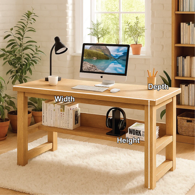 Handcrafted Solid Wood Work Desk – Minimalist Natural Oak Office Table with Open Storage Shelf