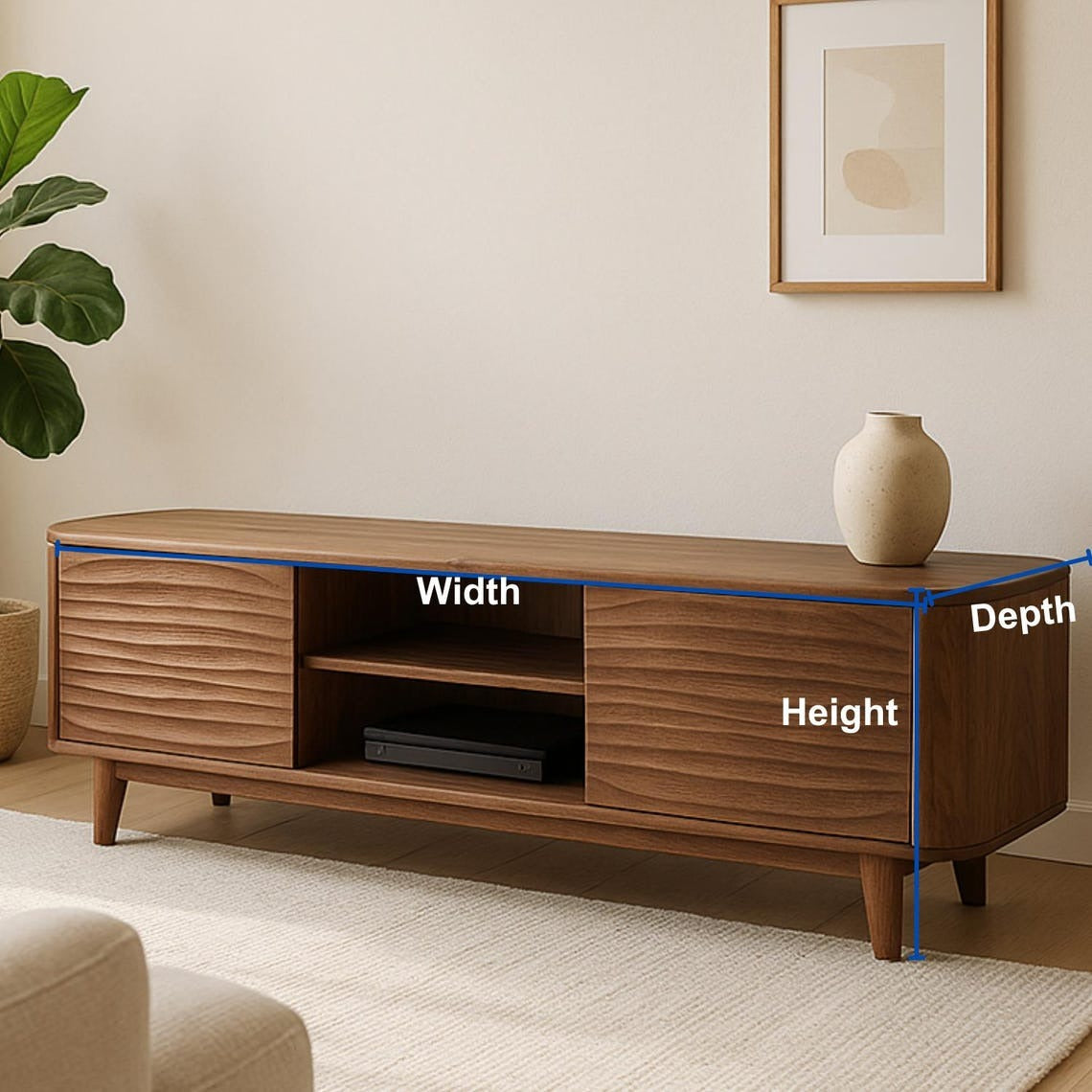 Soft Edge Sculptural Solid Wood TV Stand – Organic Modern Media Console with Wave Carved Doors, Rounded Corners, Minimalist Furniture