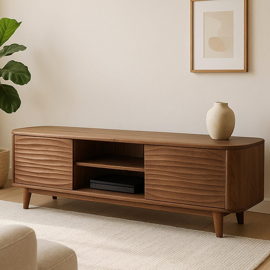 Soft Edge Sculptural Solid Wood TV Stand – Organic Modern Media Console with Wave Carved Doors, Rounded Corners, Minimalist Furniture