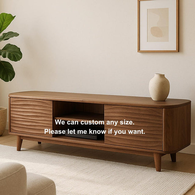 Soft Edge Sculptural Solid Wood TV Stand – Organic Modern Media Console with Wave Carved Doors, Rounded Corners, Minimalist Furniture