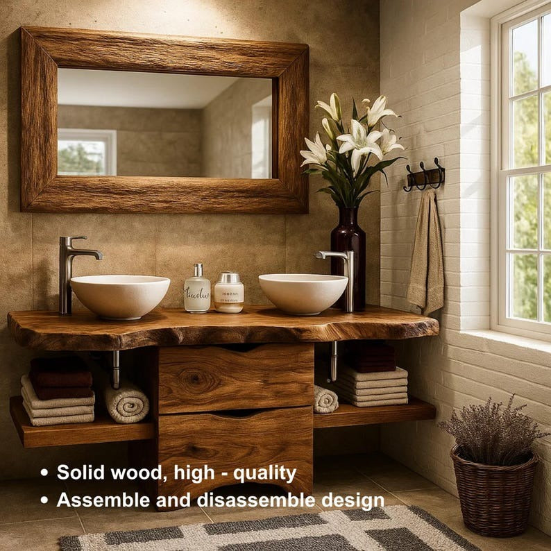 Handcrafted Solid Wood Bathroom Vanity – Rustic Walnut Double Sink Vanity with Live Edge Top and Drawers