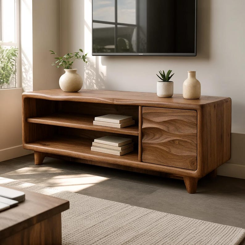 Handcrafted Solid Wood TV Stand, Mid-Century Console with Wave Cabinet Door