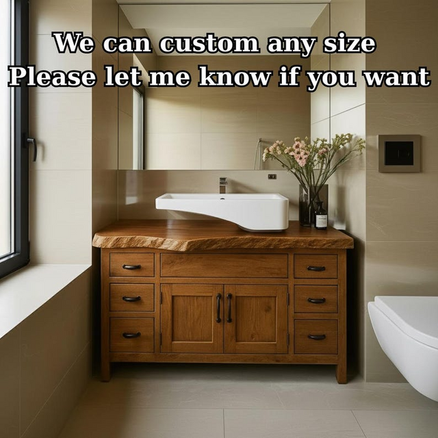 Handcrafted Solid Wood Bathroom Vanity, Wide Console with Live Edge Top & Drawers