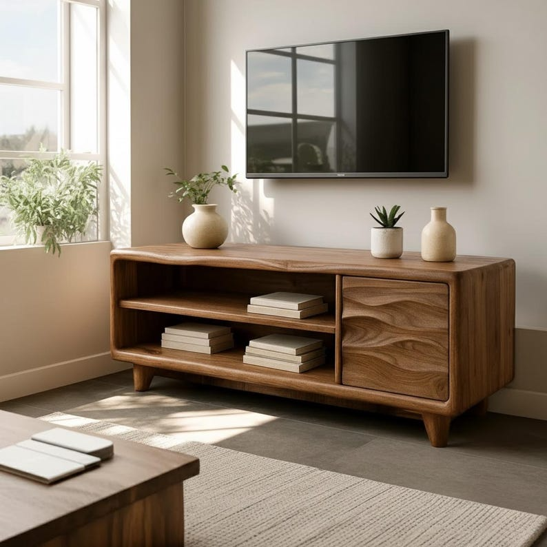 Handcrafted Solid Wood TV Stand, Mid-Century Console with Wave Cabinet Door