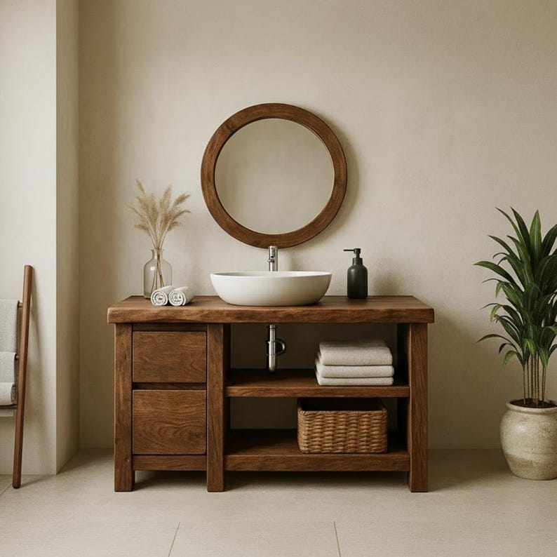 Handcrafted Solid Wood Bathroom Vanity, Freestanding Rustic Console with Live Edge Top