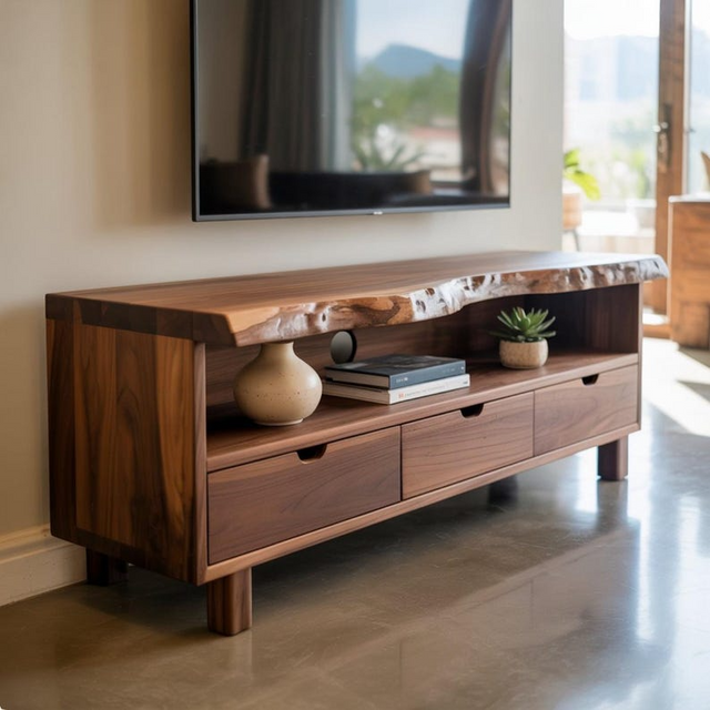 Handcrafted Solid Wood TV Stand, Modern Live Edge Media Console with Storage Legs