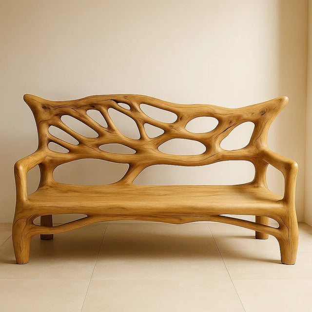 Handcrafted Solid Wood Bench – Sculptural Oak Art Bench with Organic Carved Backrest Design