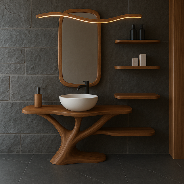 Handcrafted Solid Wood Bathroom Vanity with Organic Flow Design – Modern Sculptural Sink Stand