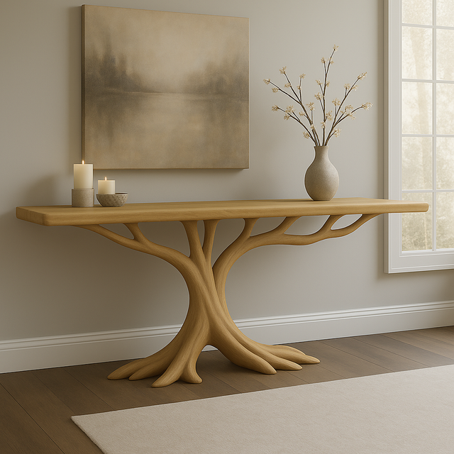 Handcrafted Solid Wood Console Table – Modern Organic Design with Root-Inspired Base