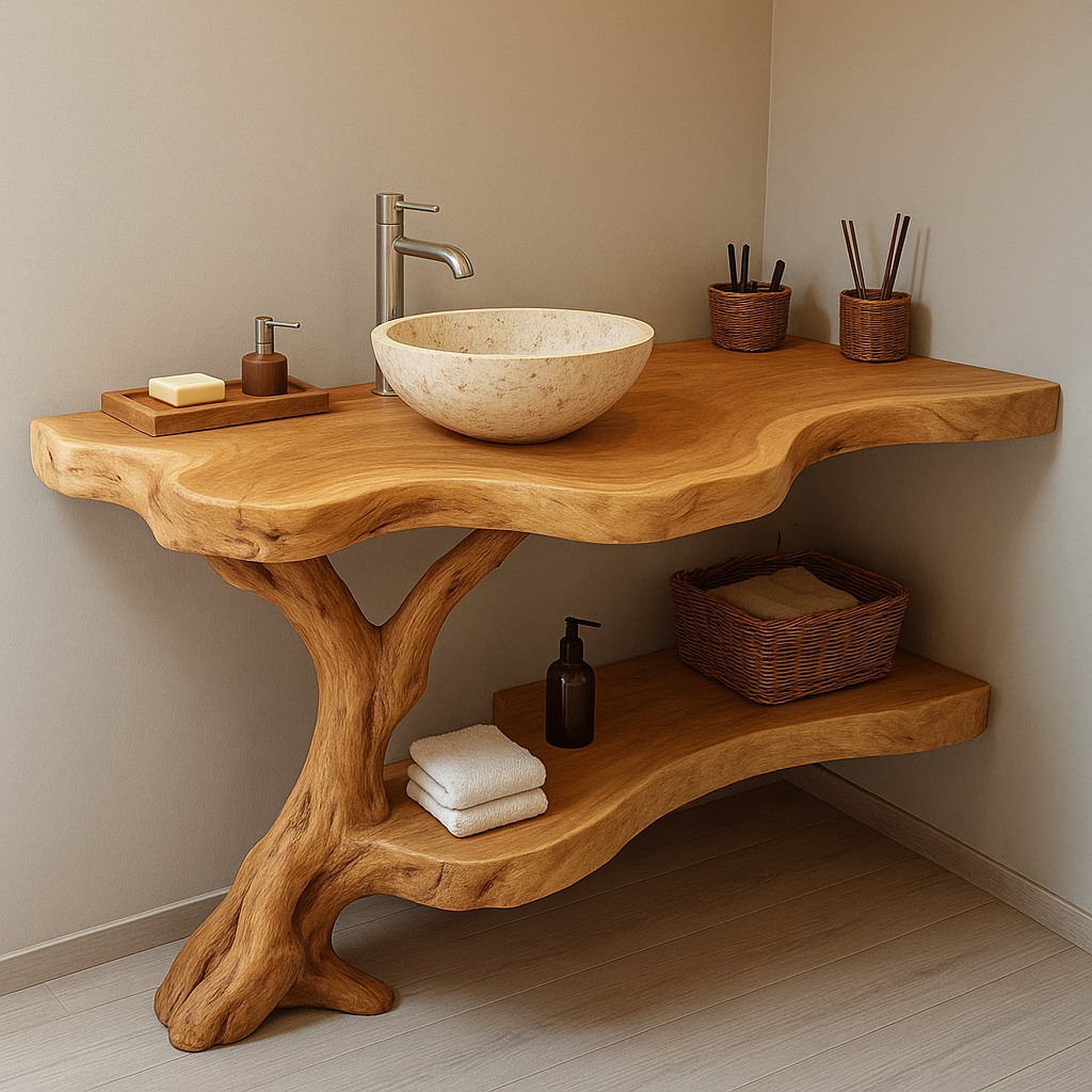 Handcrafted Solid Wood Bathroom Vanity – Organic Live Edge Design with Natural Tree Form