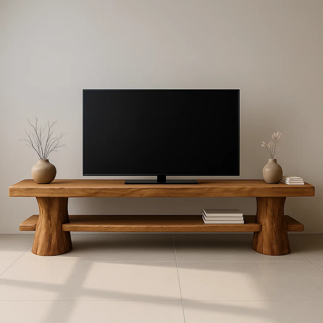 Handcrafted Solid Wood TV Stand with Sculpted Column Legs – Organic Modern Media Console with Open Shelf