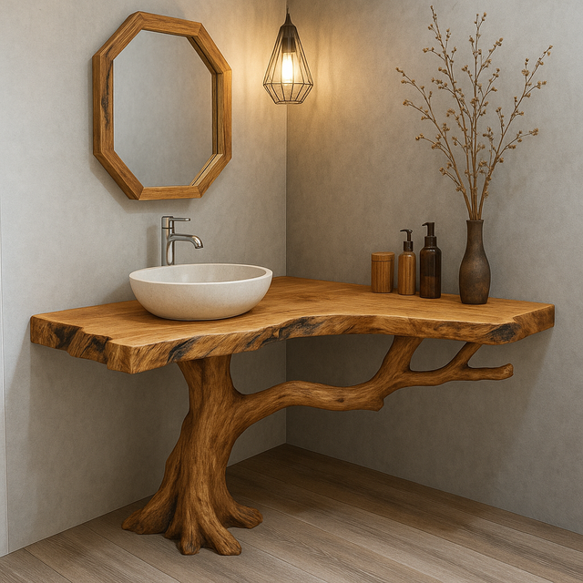 Handcrafted Solid Wood Bathroom Vanity – Organic Tree Branch Base with Live Edge Top