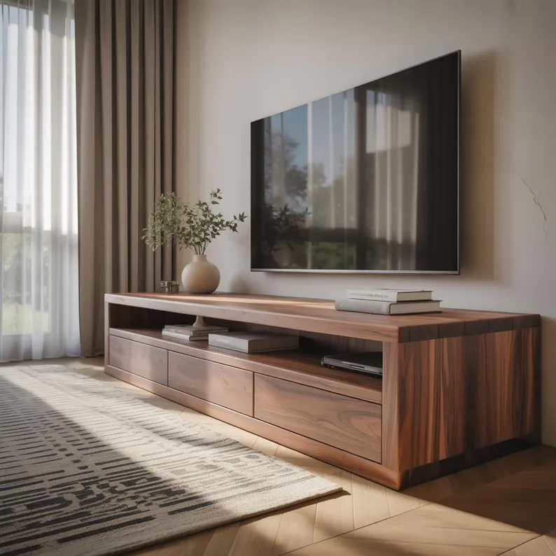 Modern Solid Wood TV Console with Storage, Minimalist Media Stand, Low Profile Entertainment Center, Natural Wood TV Cabinet