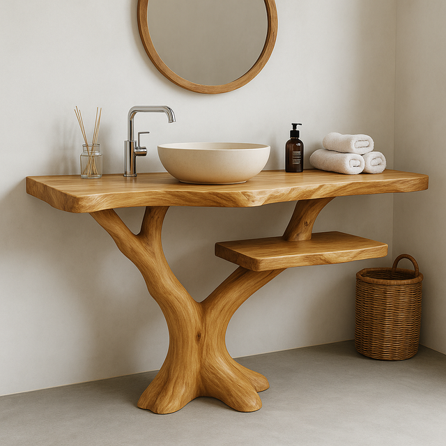 Handcrafted Solid Wood Bathroom Vanity – Natural Tree Form Design with Floating Shelf
