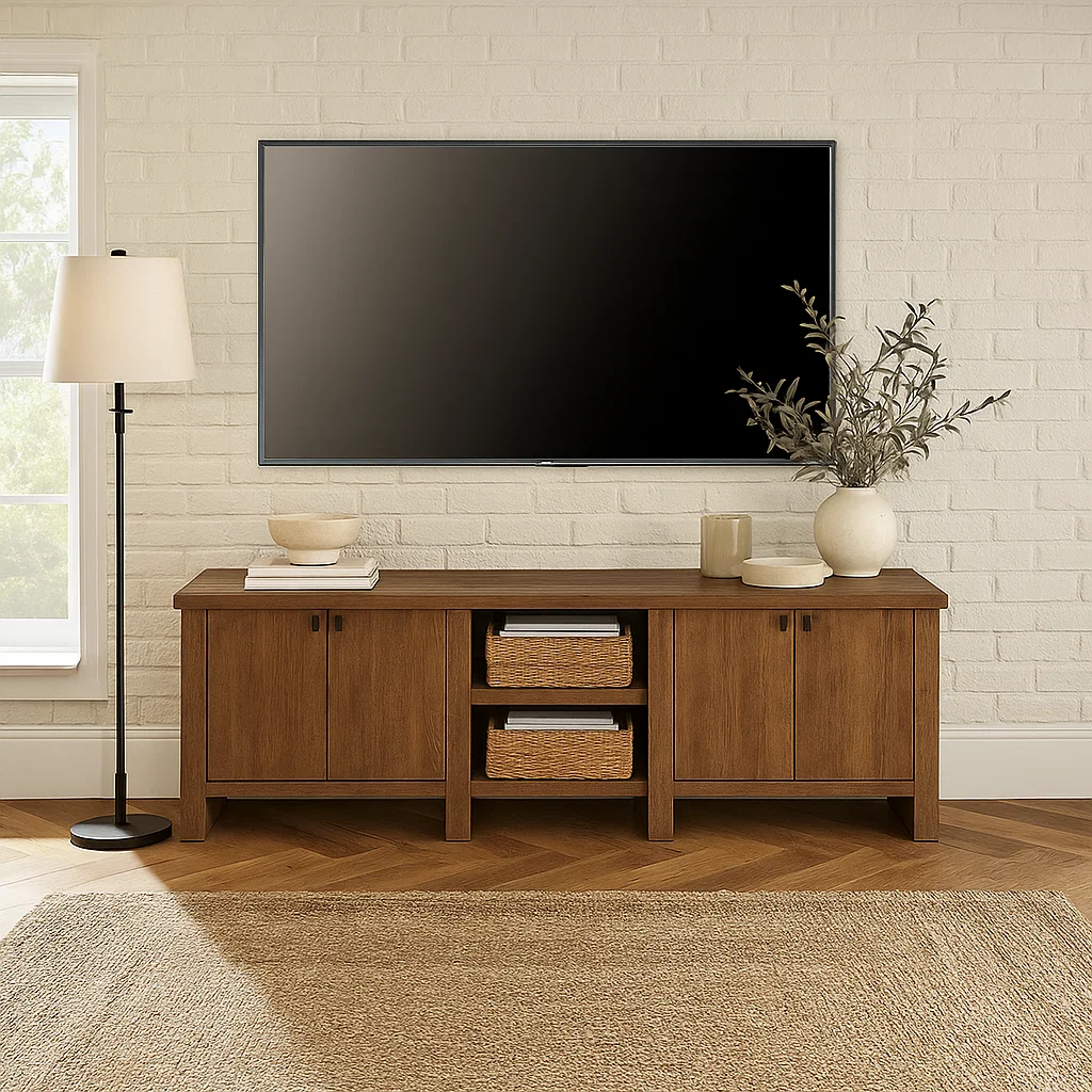 Handcrafted Solid Wood TV Stand with Cabinets – Modern Rustic Media Console Furniture